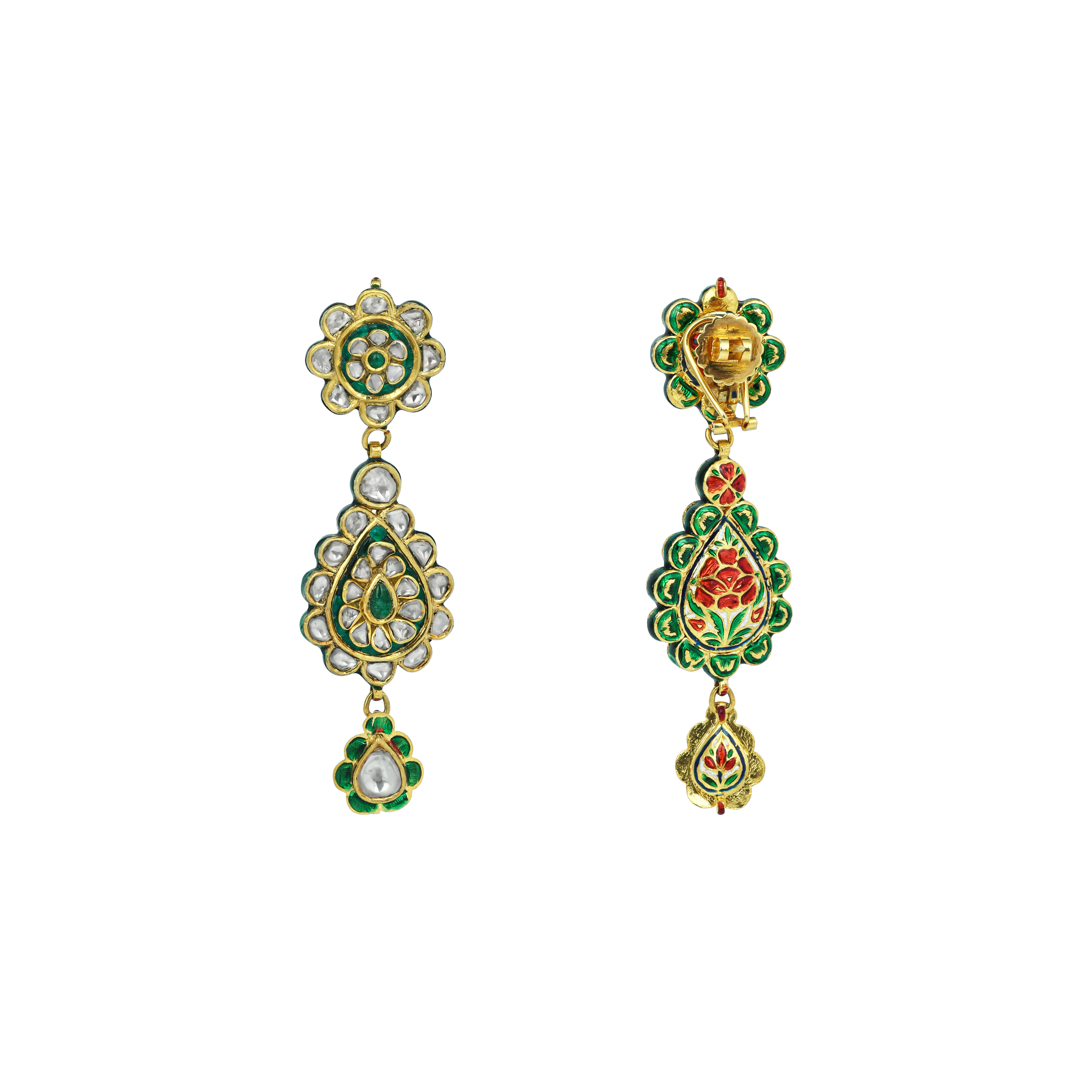 Teardrop Polki Earrings with Green Enamel and Floral Accents